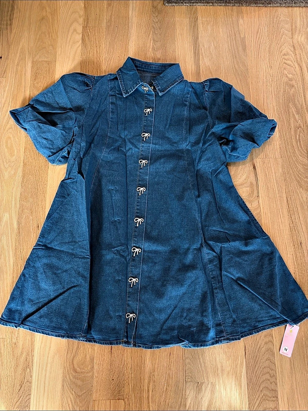 Poliro Denim Dress with Puff Long Sleeves and Bow Buttons Womens Medium Blue